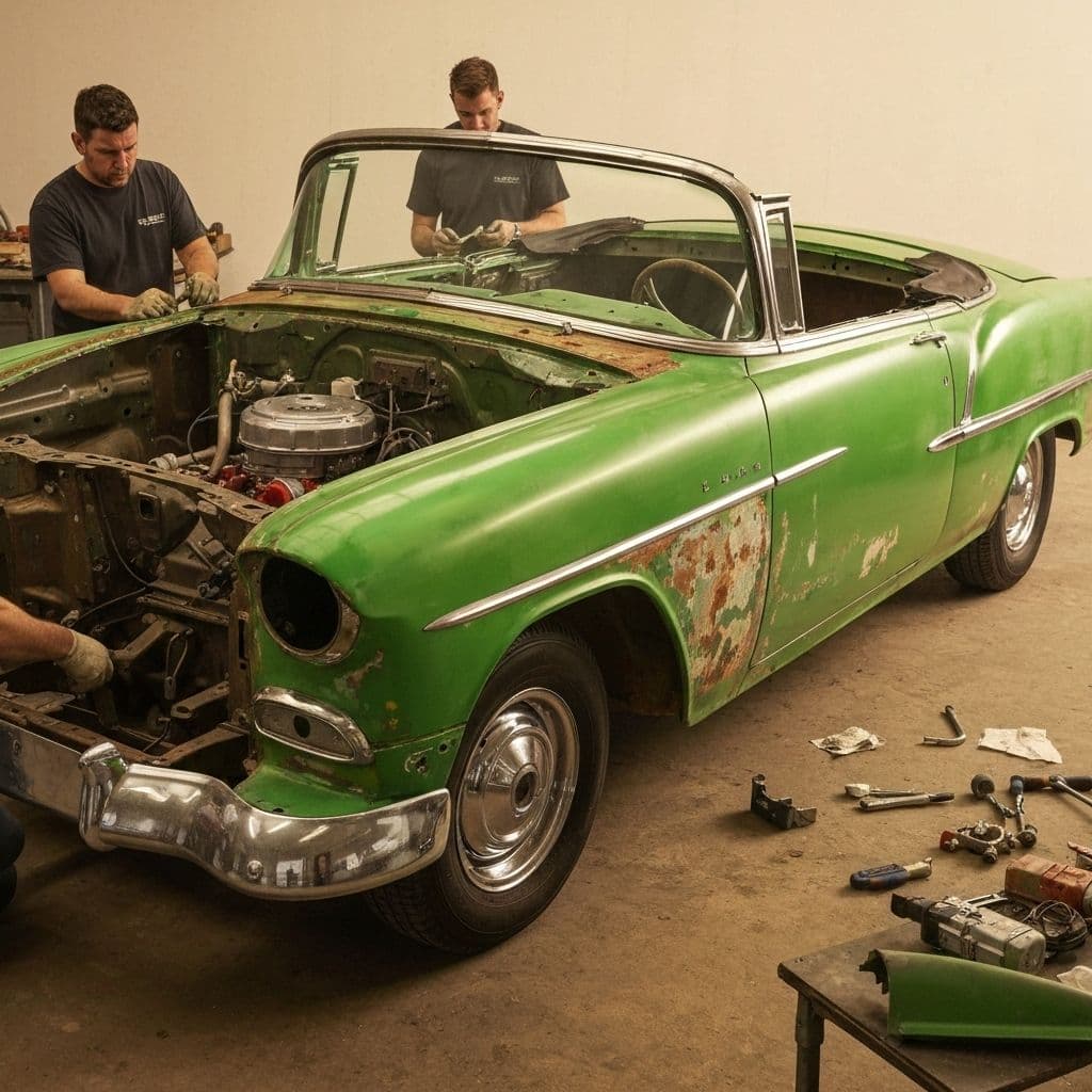 Coche vintage en verde durante el proceso de restauración de carrocería y pintura